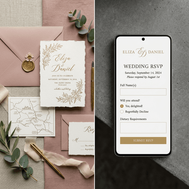 A split screen showing a traditional paper wedding invitation with a wax seal next to a smartphone displaying a digital RSVP screen