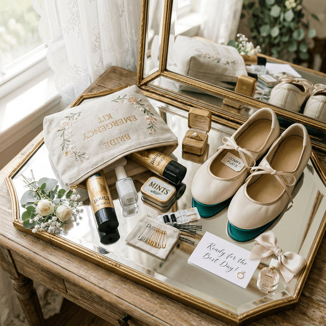 A beautiful open makeup bag displaying travel sized hairspray, safety pins, clear nail polish, mints, and comfortable flats