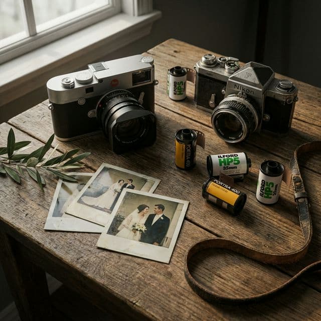 A premium flatlay of vintage cameras, film rolls, and polaroids on a rustic wooden table