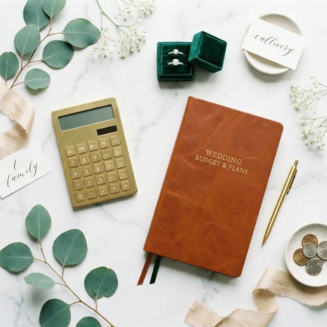 A stylish flatlay showing a wedding budget spreadsheet, a calculator, and beautiful wedding rings