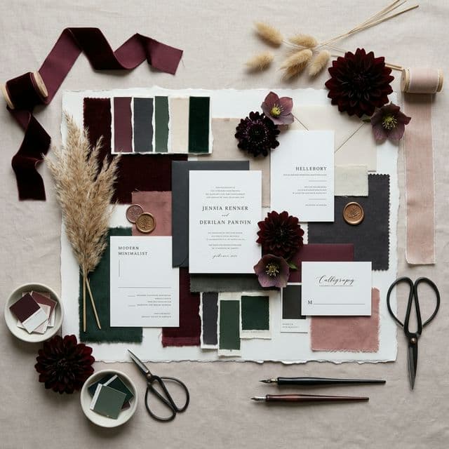 Beautiful flatlay of wedding colors, floral inspiration, and elegant theme palettes