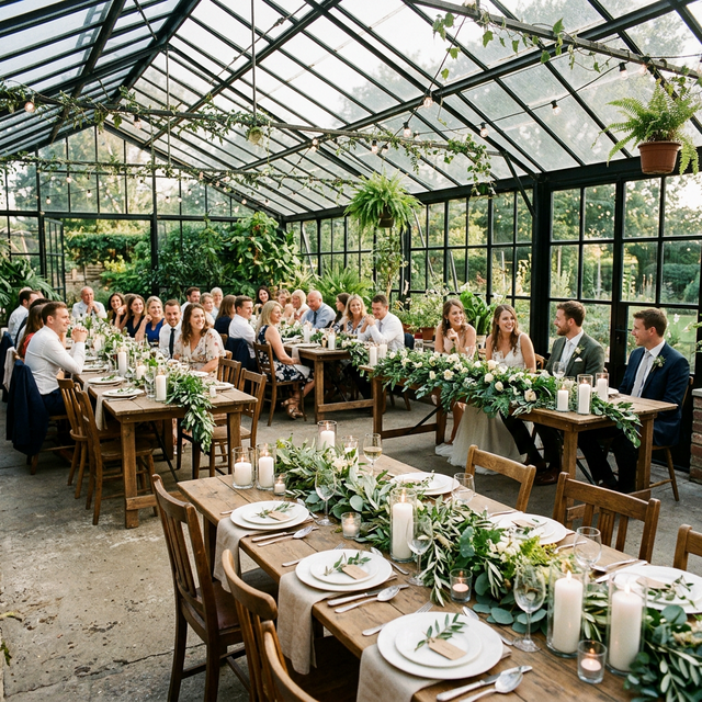 A beautiful, romantic wedding setup inside a glass greenhouse with wooden tables and lots of greenery