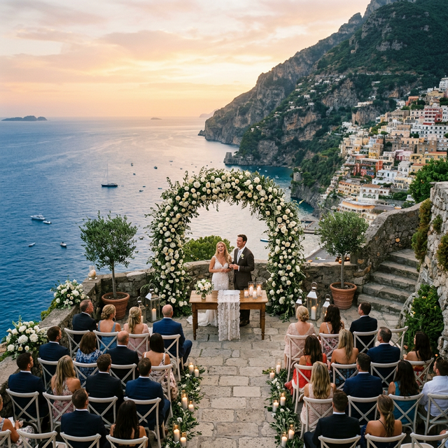 A breathtaking destination wedding ceremony setup on a cliffside overlooking the ocean