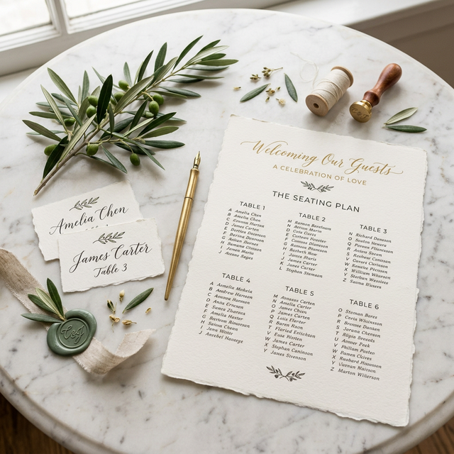 Beautiful calligraphy place cards and a wax seal on a marble table