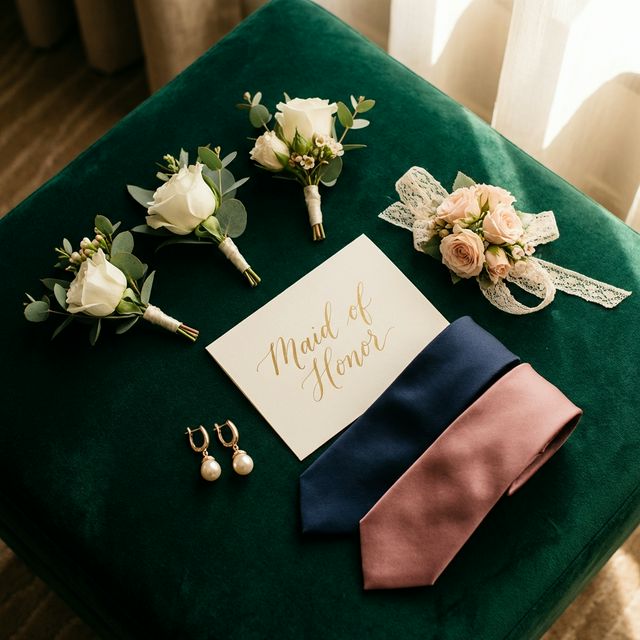 A beautiful flatlay representing the wedding party with boutonnieres, silk ties, and a Maid of Honor card