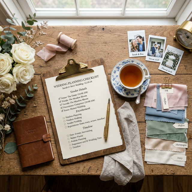 A wedding planner's desk featuring a clipboard, fabric swatches, and polaroid photos