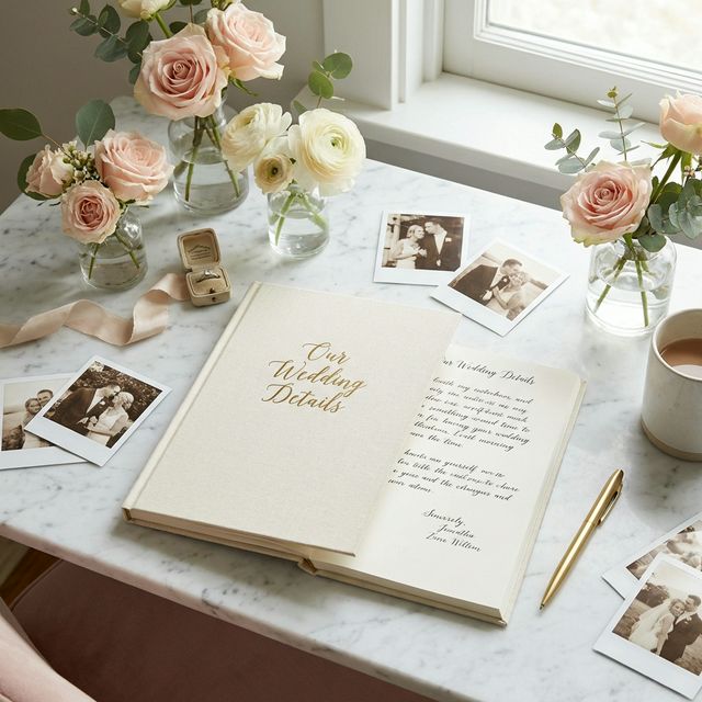 Beautiful wedding planning notebook on a desk