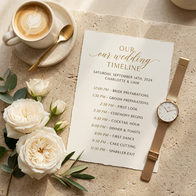 A beautiful printed wedding timeline sitting on a desk next to white roses and a cup of coffee